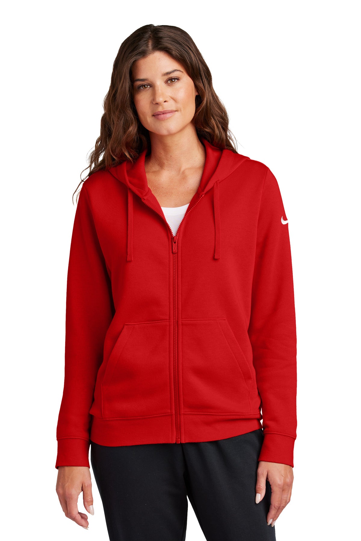 Front View of UniRed Nike Women's Club Fleece Sleeve Swoosh Full-Zip Hoodie NKFD9890