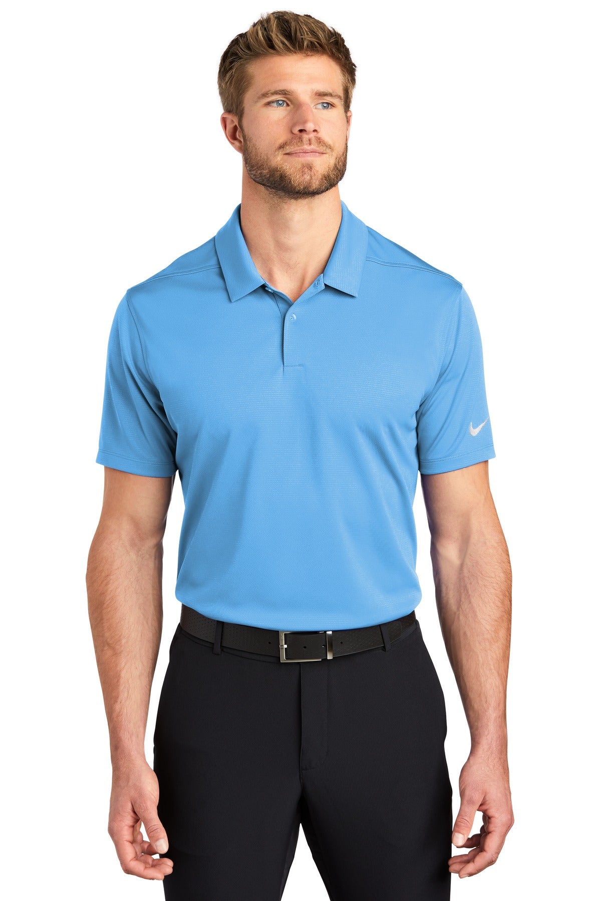 Front View of University Blu Nike Dry Essential Solid Polo NKBV6042