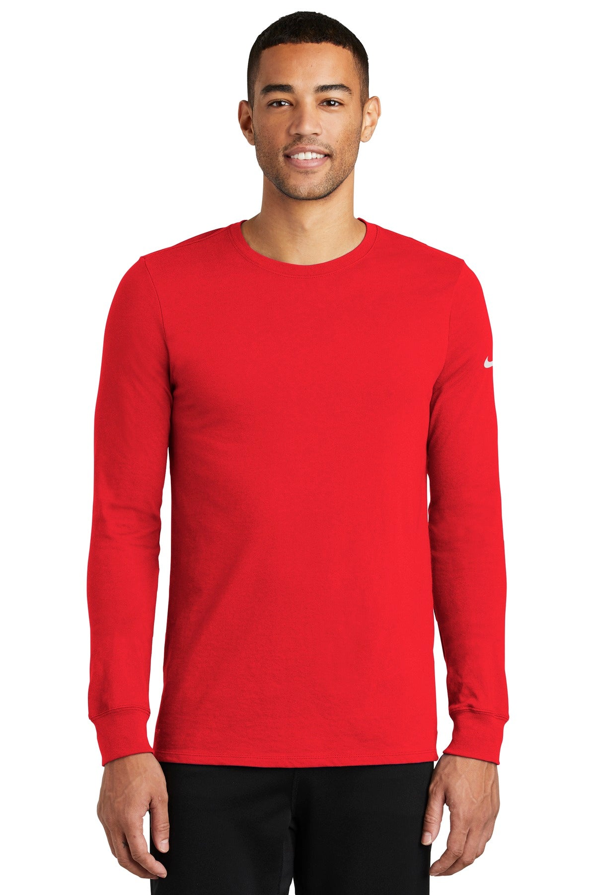 Front View of University Red Nike Dri-FIT Cotton/Poly Long Sleeve Tee. NKBQ5230