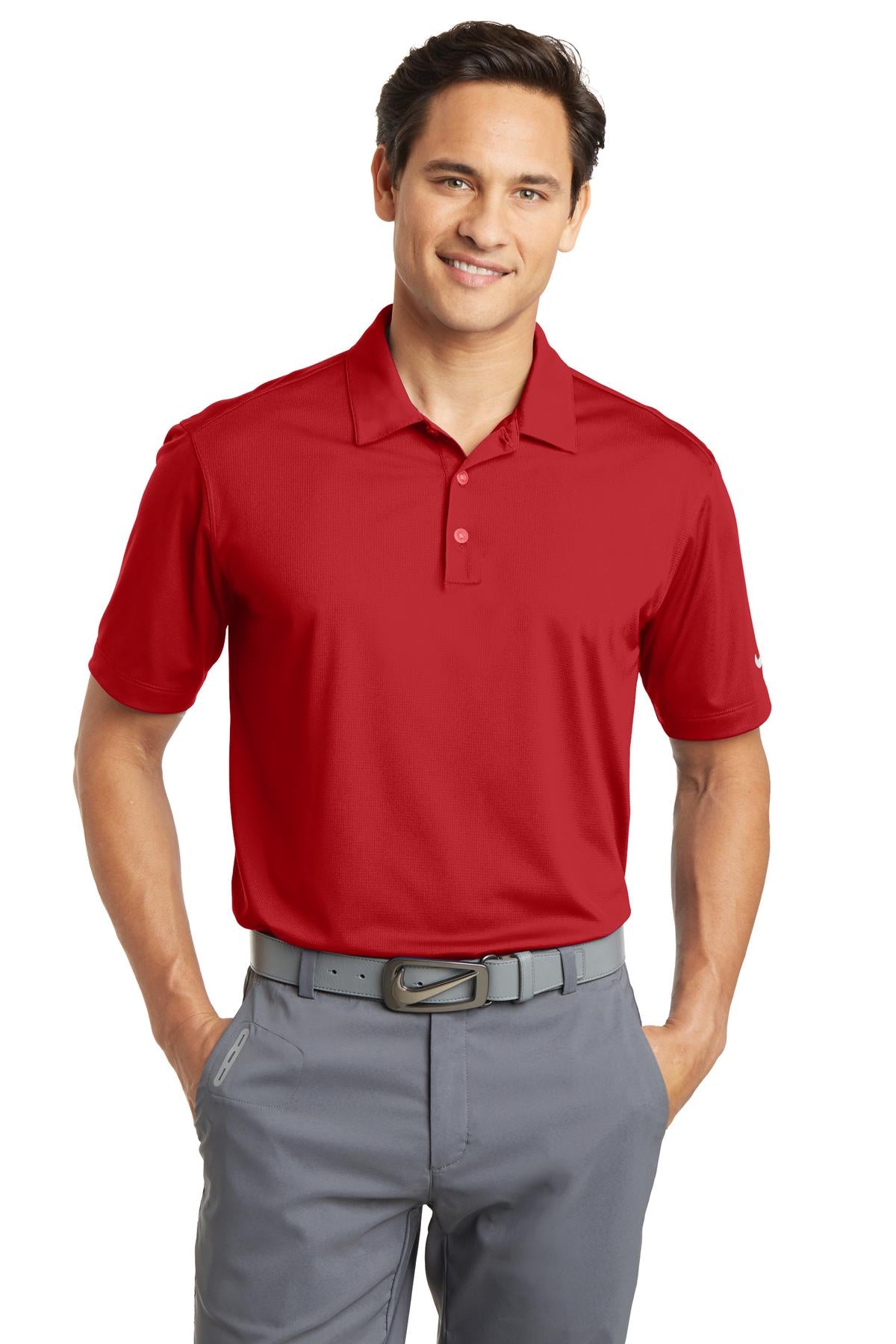 Front View of University Red Nike Dri-FIT Vertical Mesh Polo. 637167