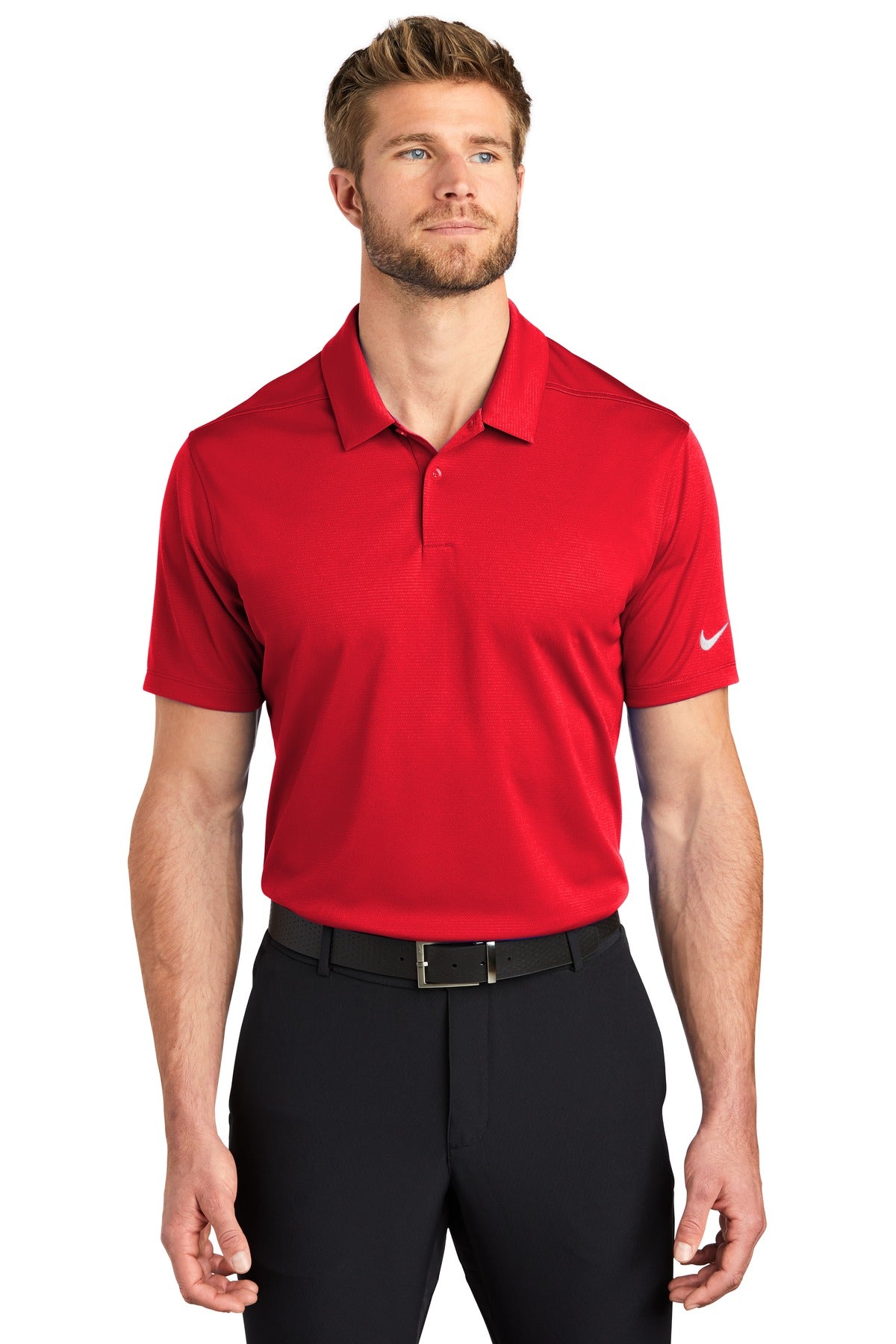 Front View of University Red Nike Dry Essential Solid Polo NKBV6042