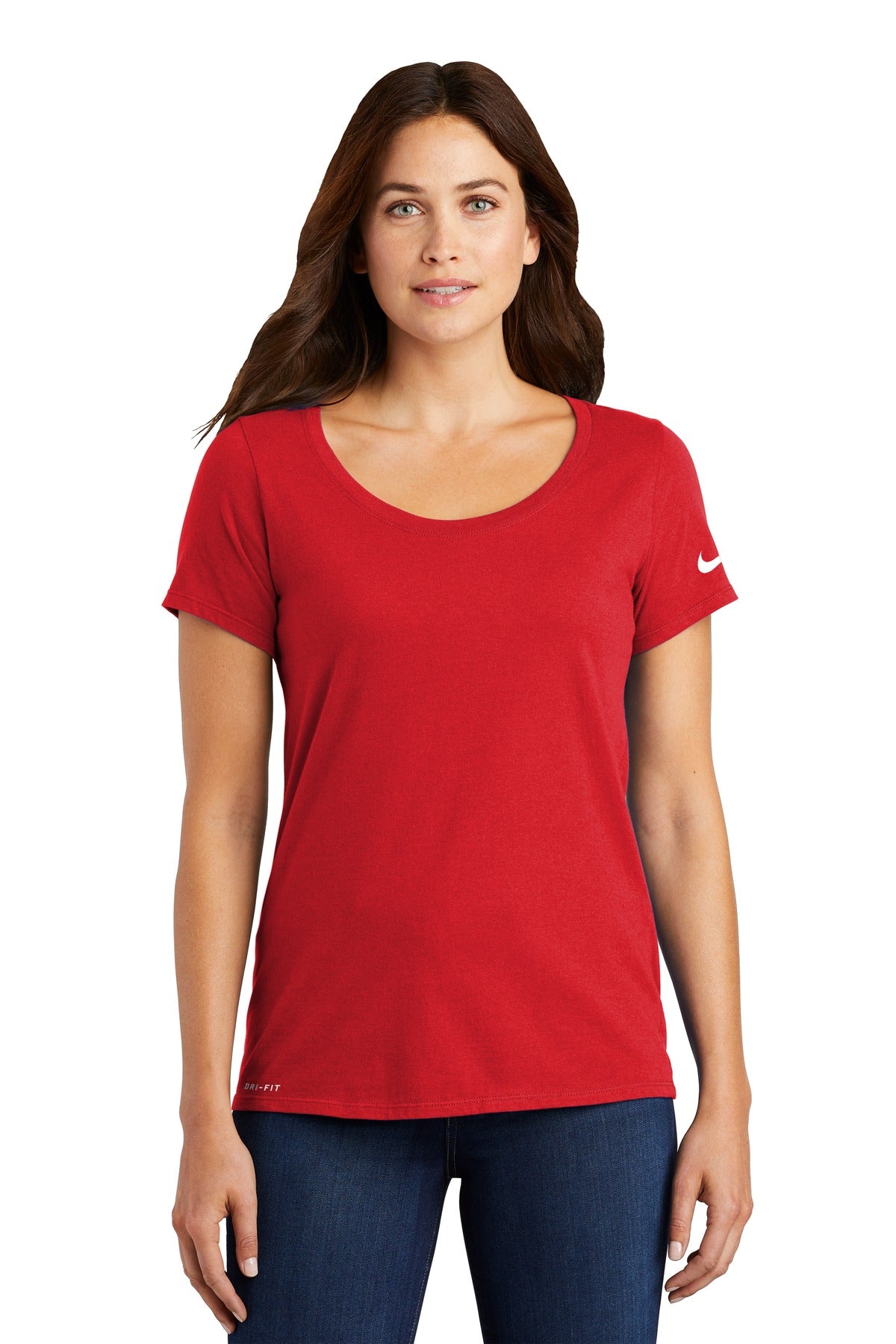 Front View of University Red Nike Women's Dri-FIT Cotton/Poly Scoop Neck Tee. NKBQ5234