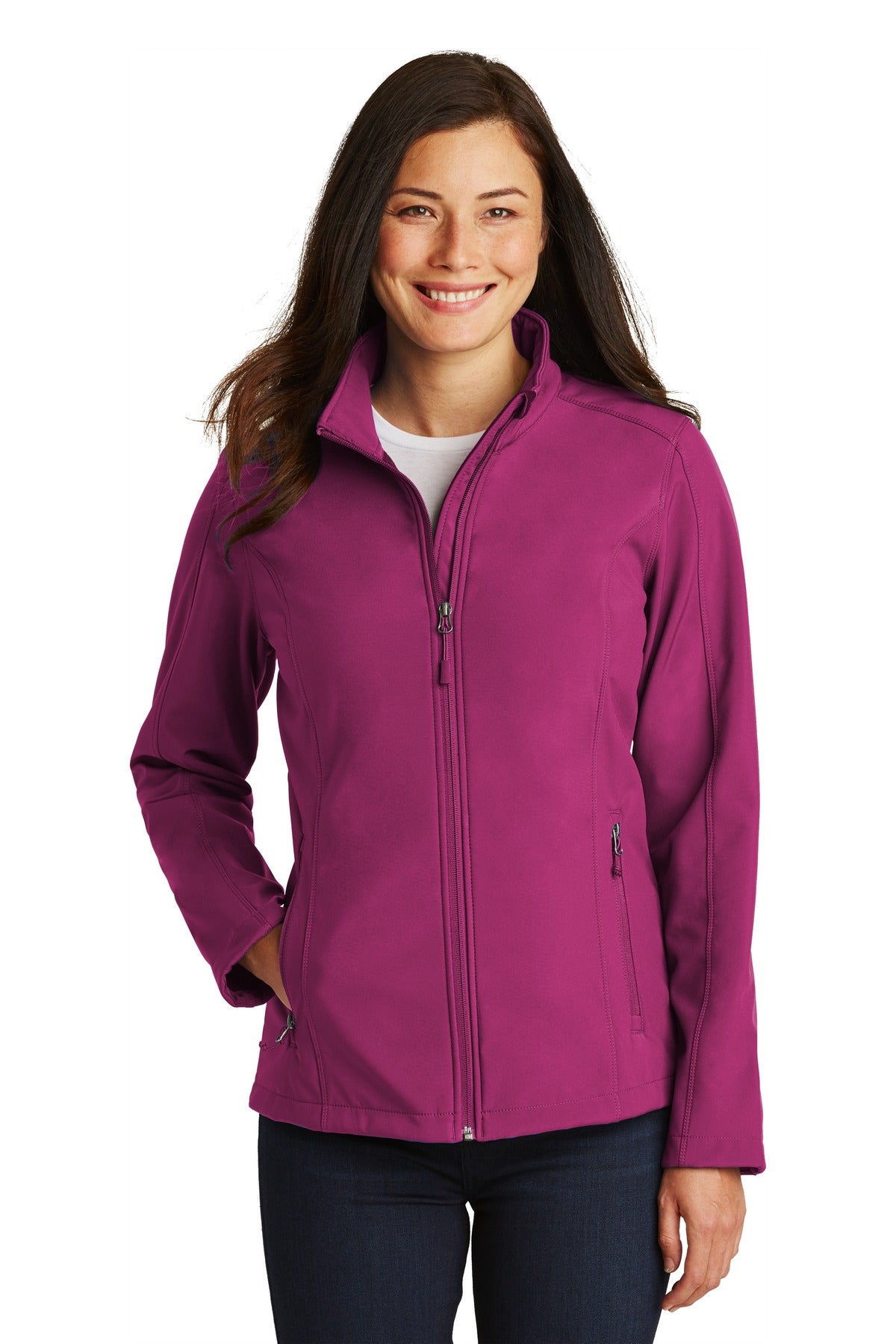 Front View of Very Berry Port Authority Women's Core Soft Shell Jacket. L317