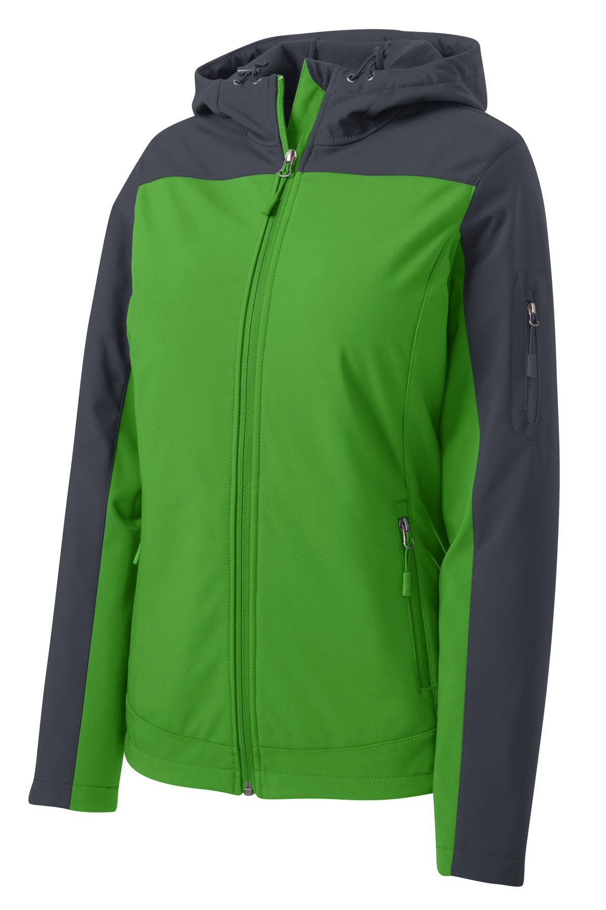 Front View of Vine Gn/Bat Gy Port Authority Women's Hooded Core Soft Shell Jacket. L335