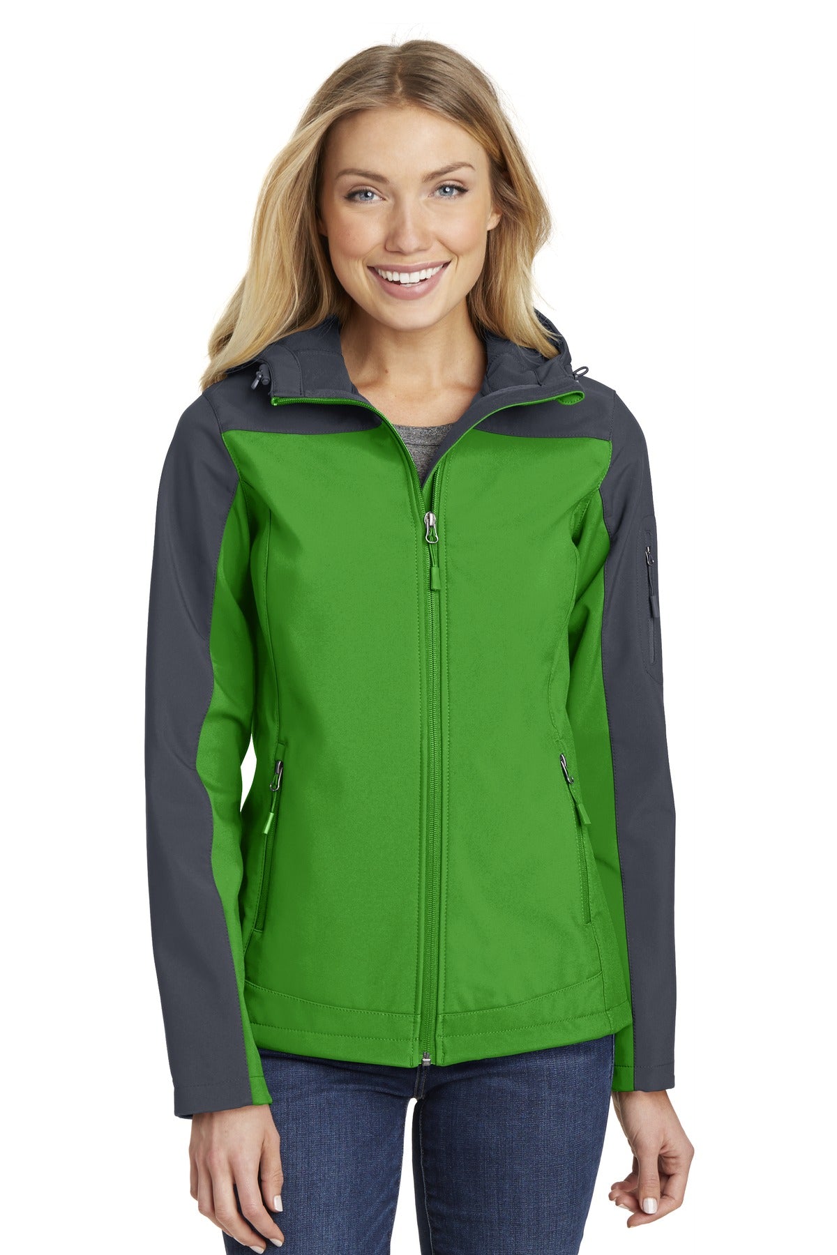 Front View of Vine Gn/Bat Gy Port Authority Women's Hooded Core Soft Shell Jacket. L335