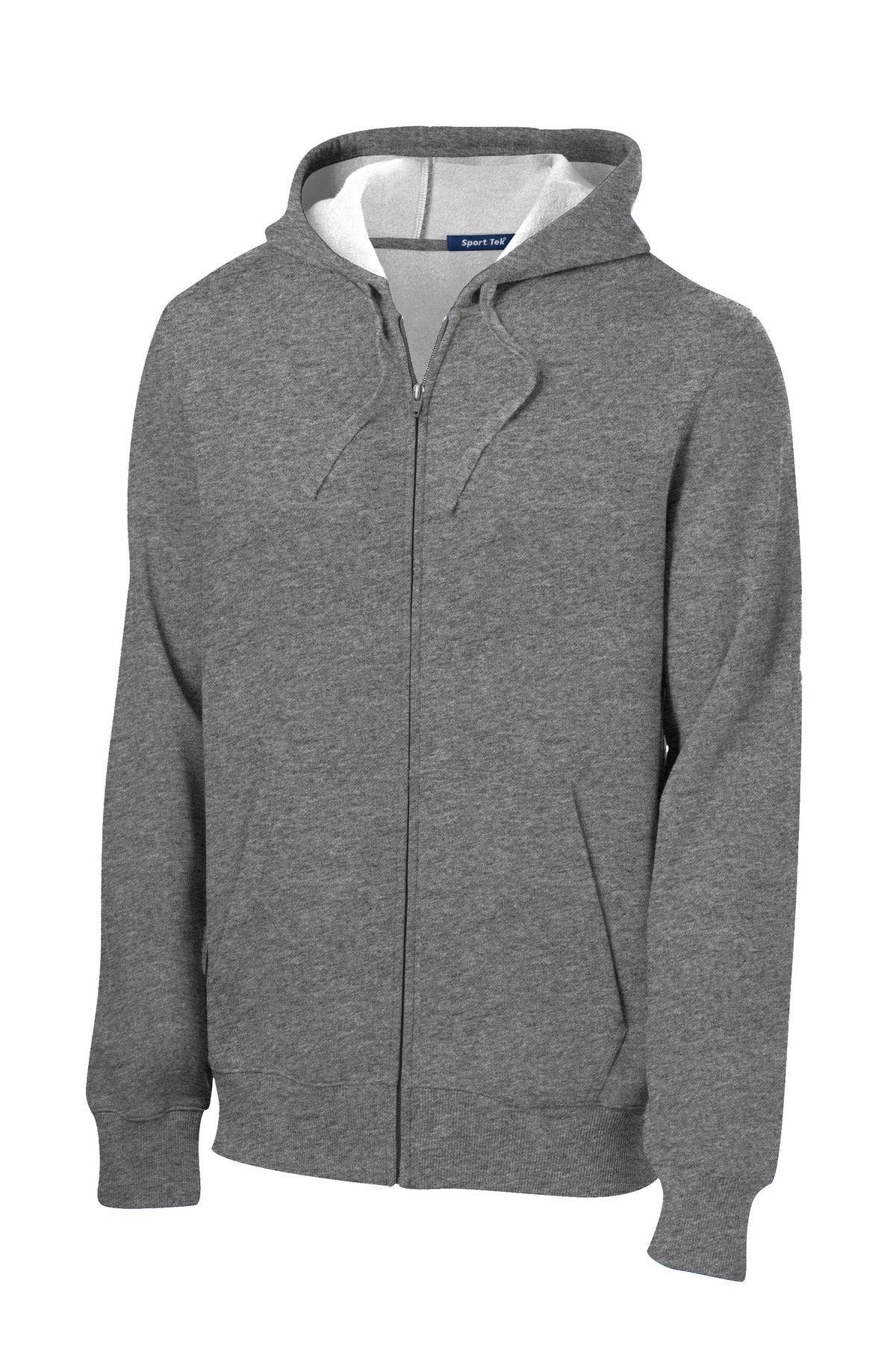 Front View of Vintage Hthr Sport-Tek Full-Zip Hooded Sweatshirt. ST258