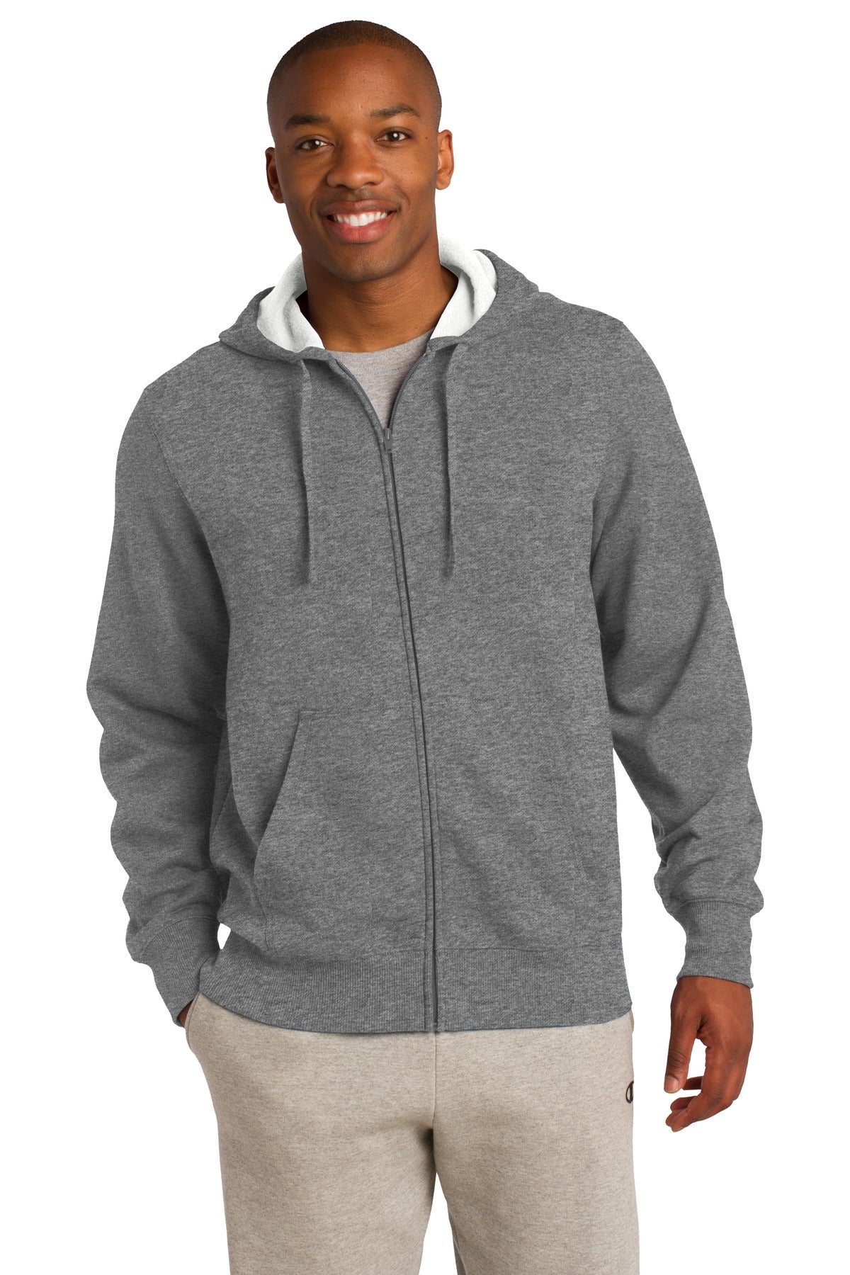 Front View of Vintage Hthr Sport-Tek Full-Zip Hooded Sweatshirt. ST258