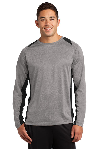 Front View of Vnt He/Black Sport-Tek Long Sleeve Heather Colorblock Contender Tee. ST361LS