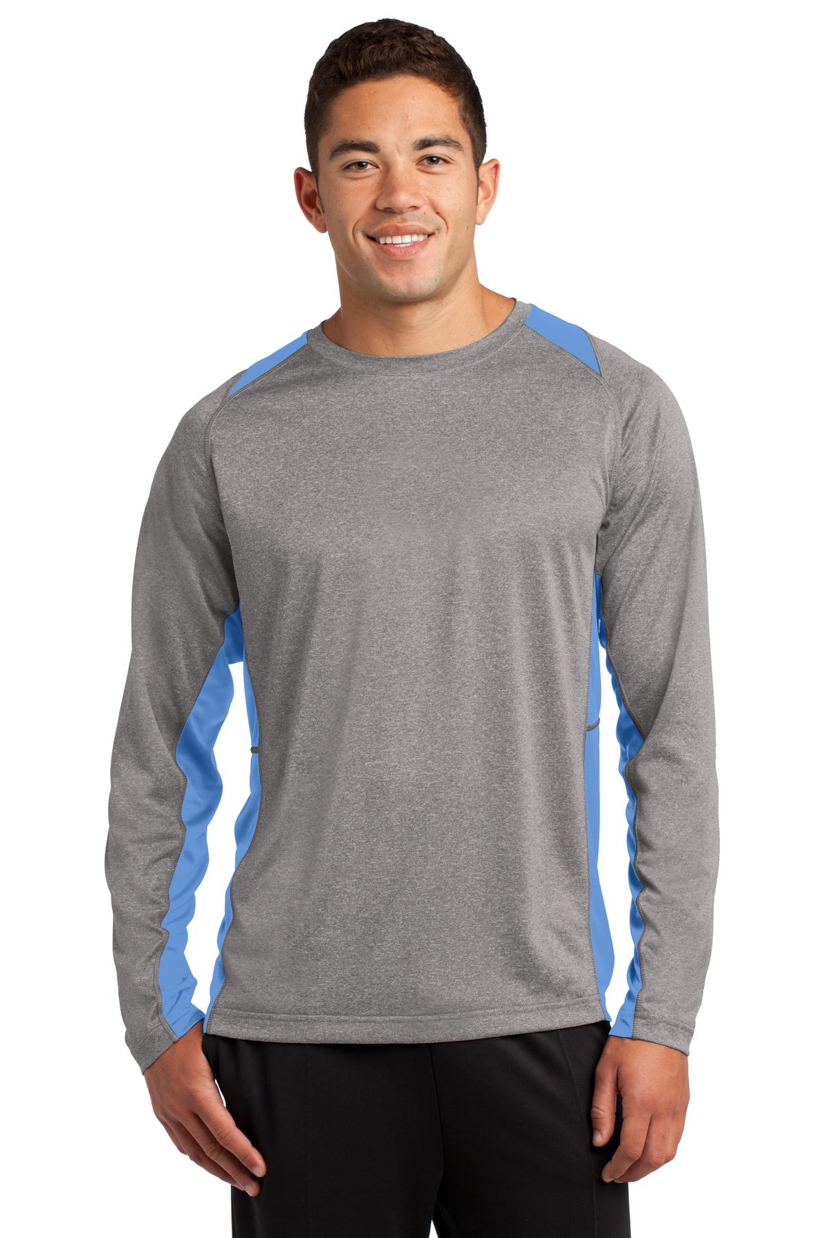 Front View of Vnt He/Car Blu Sport-Tek Long Sleeve Heather Colorblock Contender Tee. ST361LS