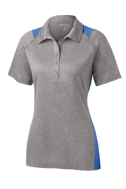 Front View of Vnt He/Car Blu Sport-Tek Women's Heather Colorblock Contender Polo. LST665