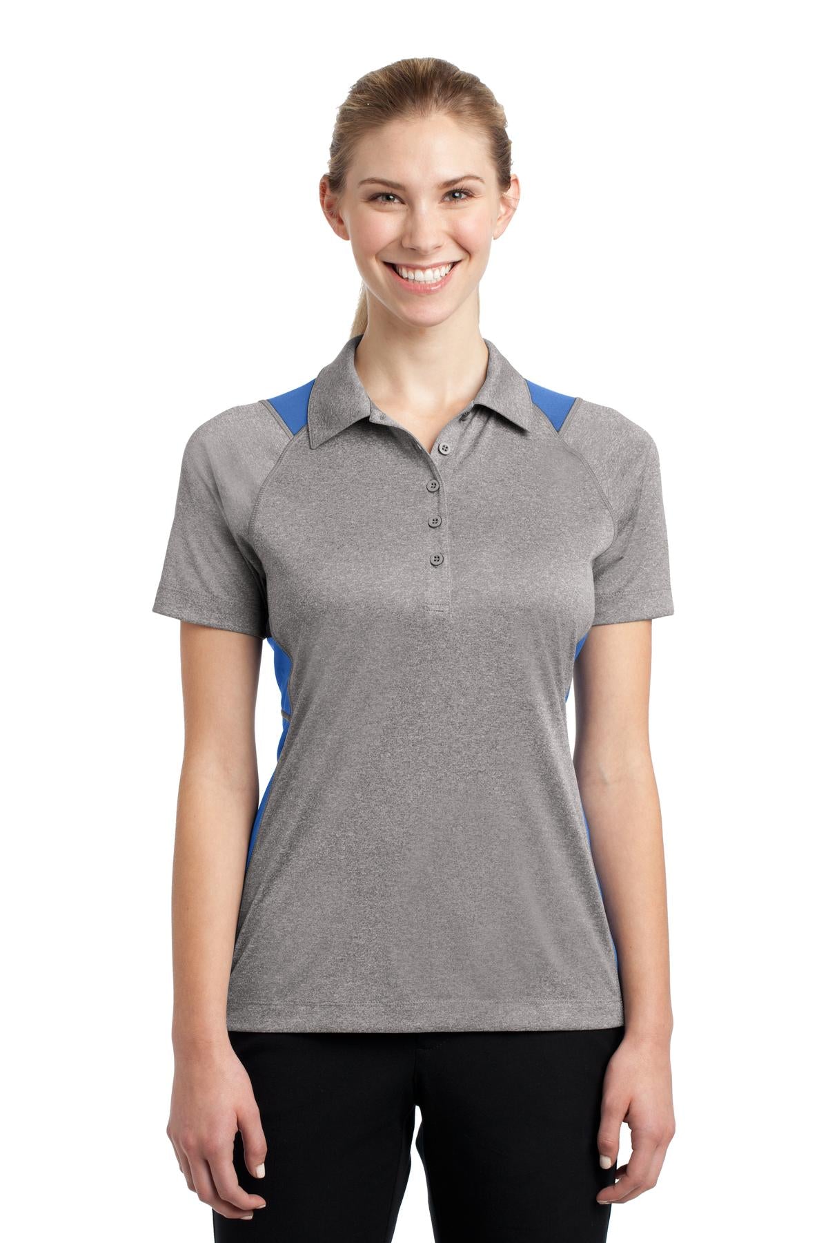 Front View of Vnt He/Car Blu Sport-Tek Women's Heather Colorblock Contender Polo. LST665