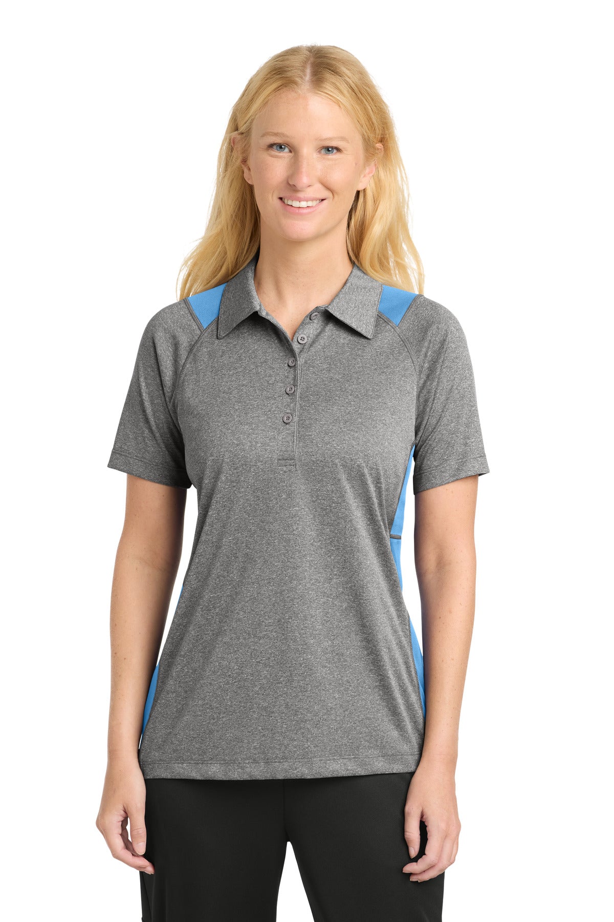 Front View of Vnt He/Car Blu Sport-Tek Women's Heather Colorblock Contender Polo. LST665