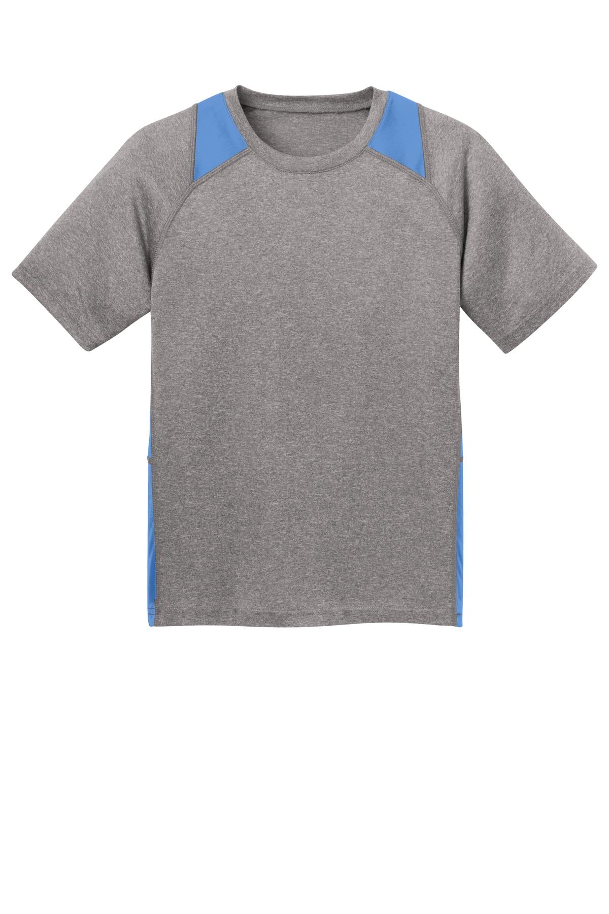 Front View of Vnt He/Car Blu Sport-Tek Youth Heather Colorblock Contender Tee. YST361