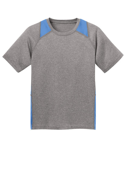 Front View of Vnt He/Car Blu Sport-Tek Youth Heather Colorblock Contender Tee. YST361