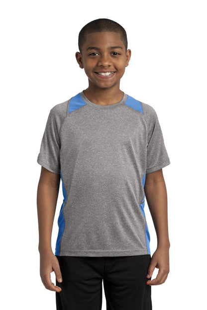 Front View of Vnt He/Car Blu Sport-Tek Youth Heather Colorblock Contender Tee. YST361