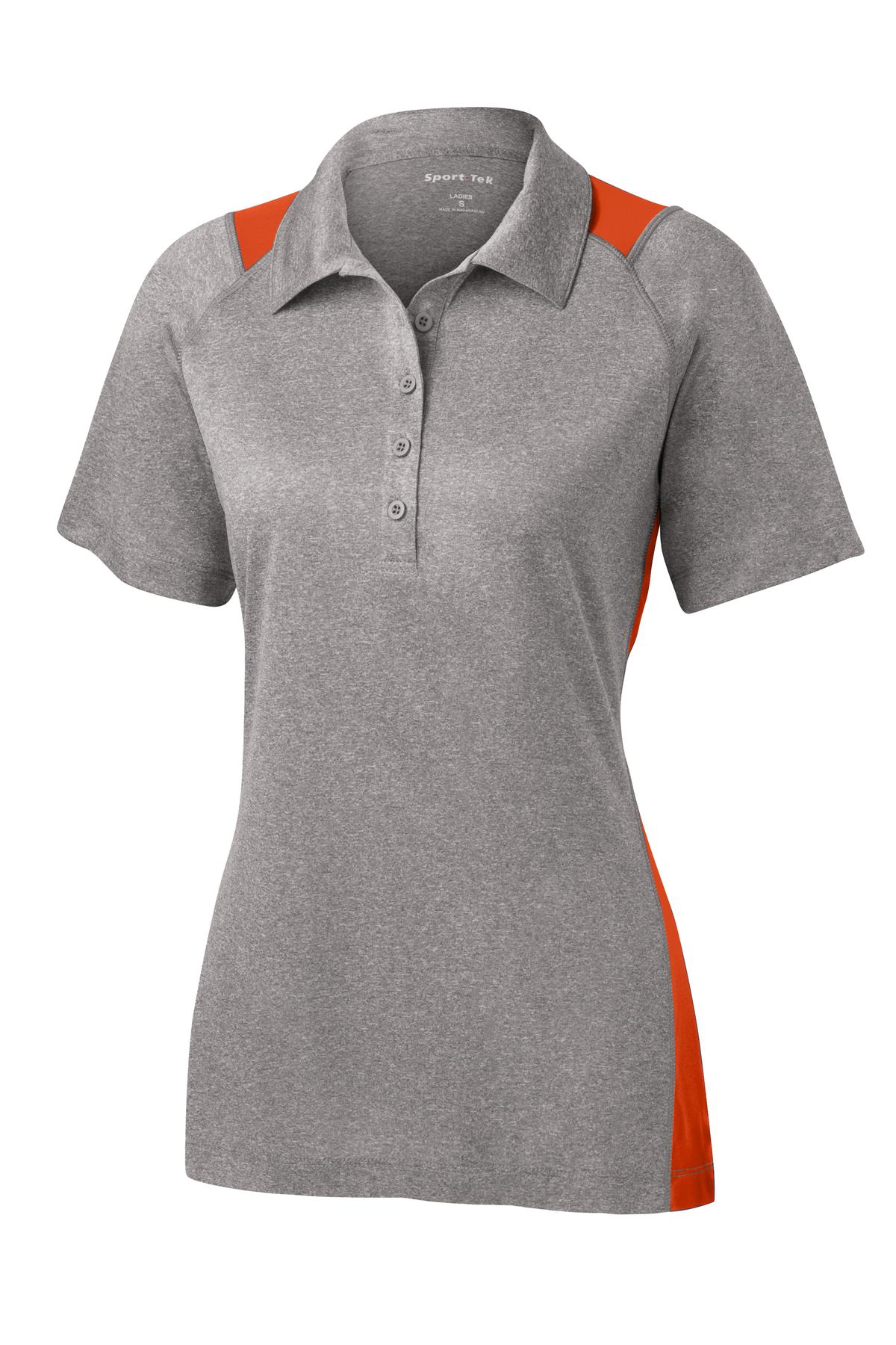 Front View of Vnt He/Dp Orng Sport-Tek Women's Heather Colorblock Contender Polo. LST665