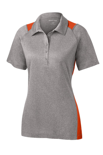 Front View of Vnt He/Dp Orng Sport-Tek Women's Heather Colorblock Contender Polo. LST665