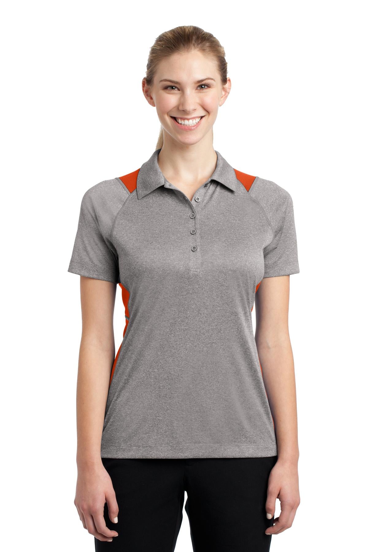 Front View of Vnt He/Dp Orng Sport-Tek Women's Heather Colorblock Contender Polo. LST665