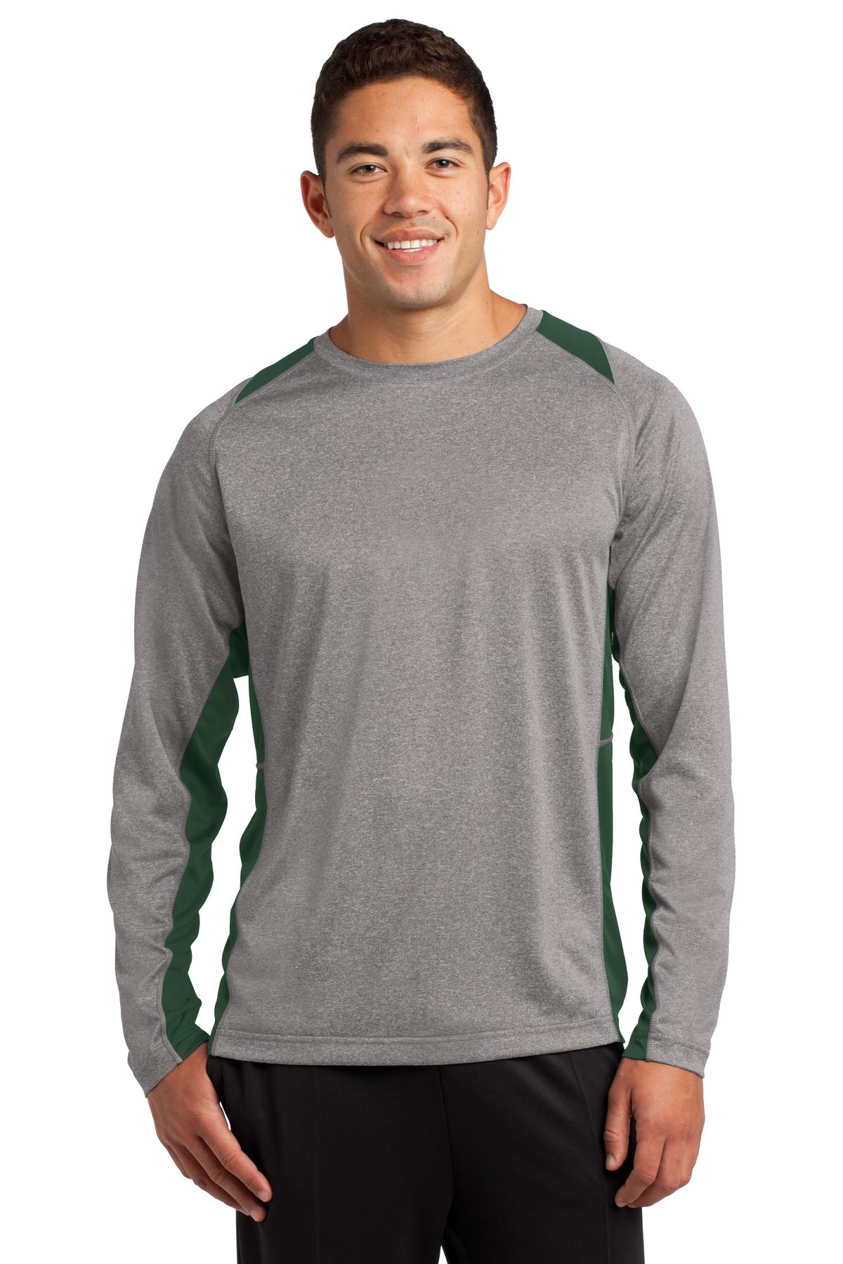 Front View of Vnt He/For Grn Sport-Tek Long Sleeve Heather Colorblock Contender Tee. ST361LS