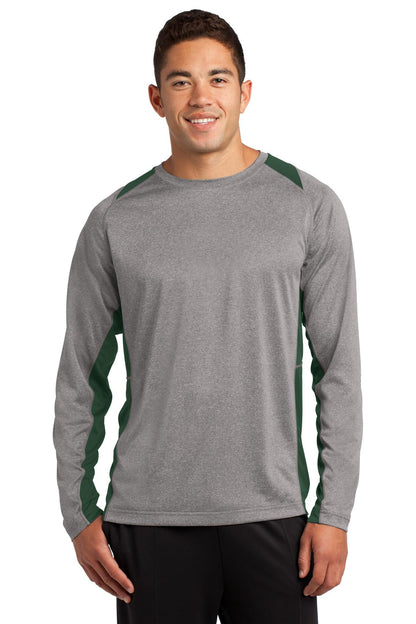 Front View of Vnt He/For Grn Sport-Tek Long Sleeve Heather Colorblock Contender Tee. ST361LS