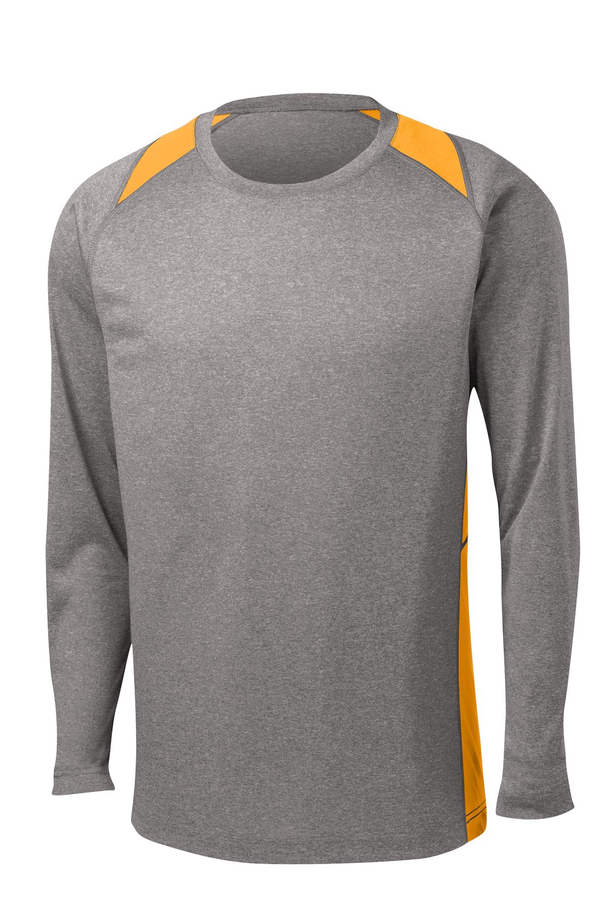 Front View of Vnt He/Gold Sport-Tek Long Sleeve Heather Colorblock Contender Tee. ST361LS