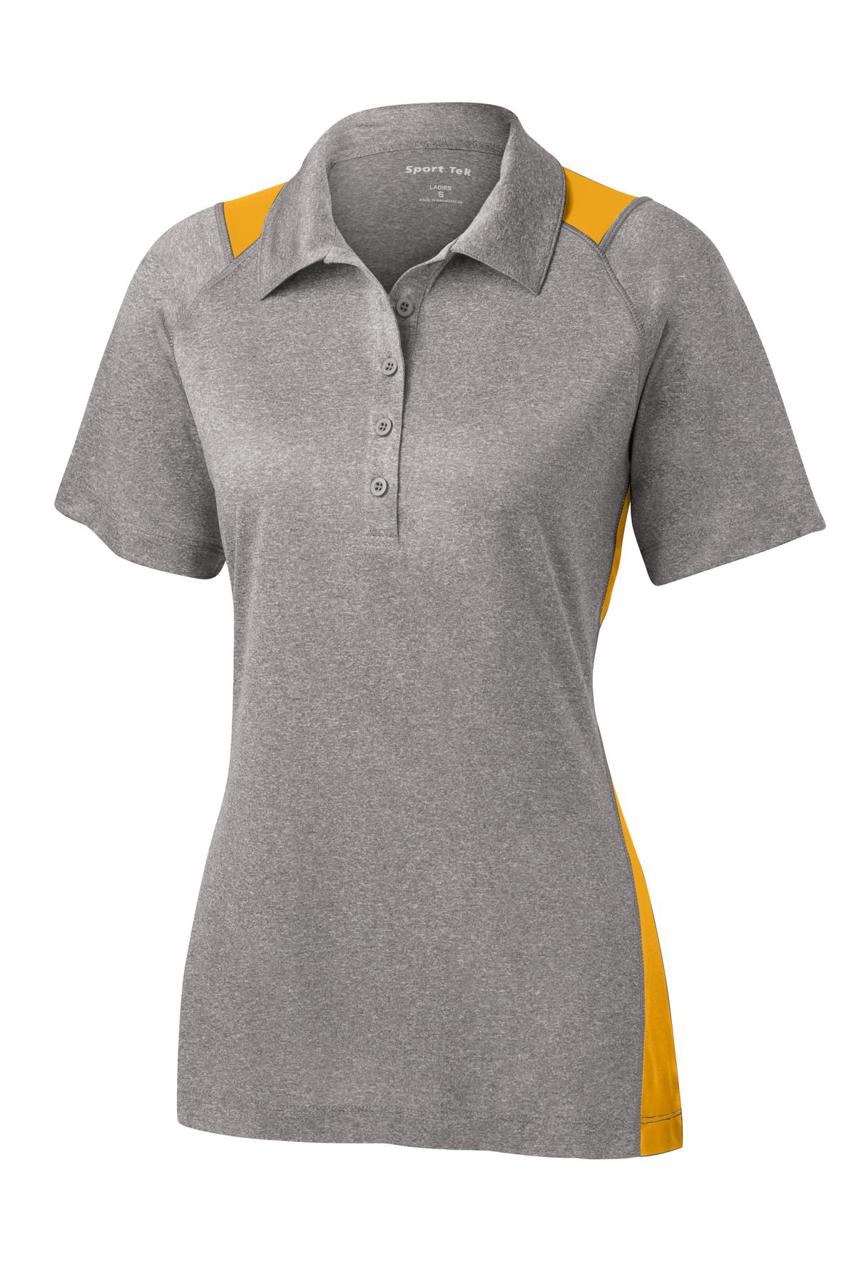 Front View of Vnt He/Gold Sport-Tek Women's Heather Colorblock Contender Polo. LST665