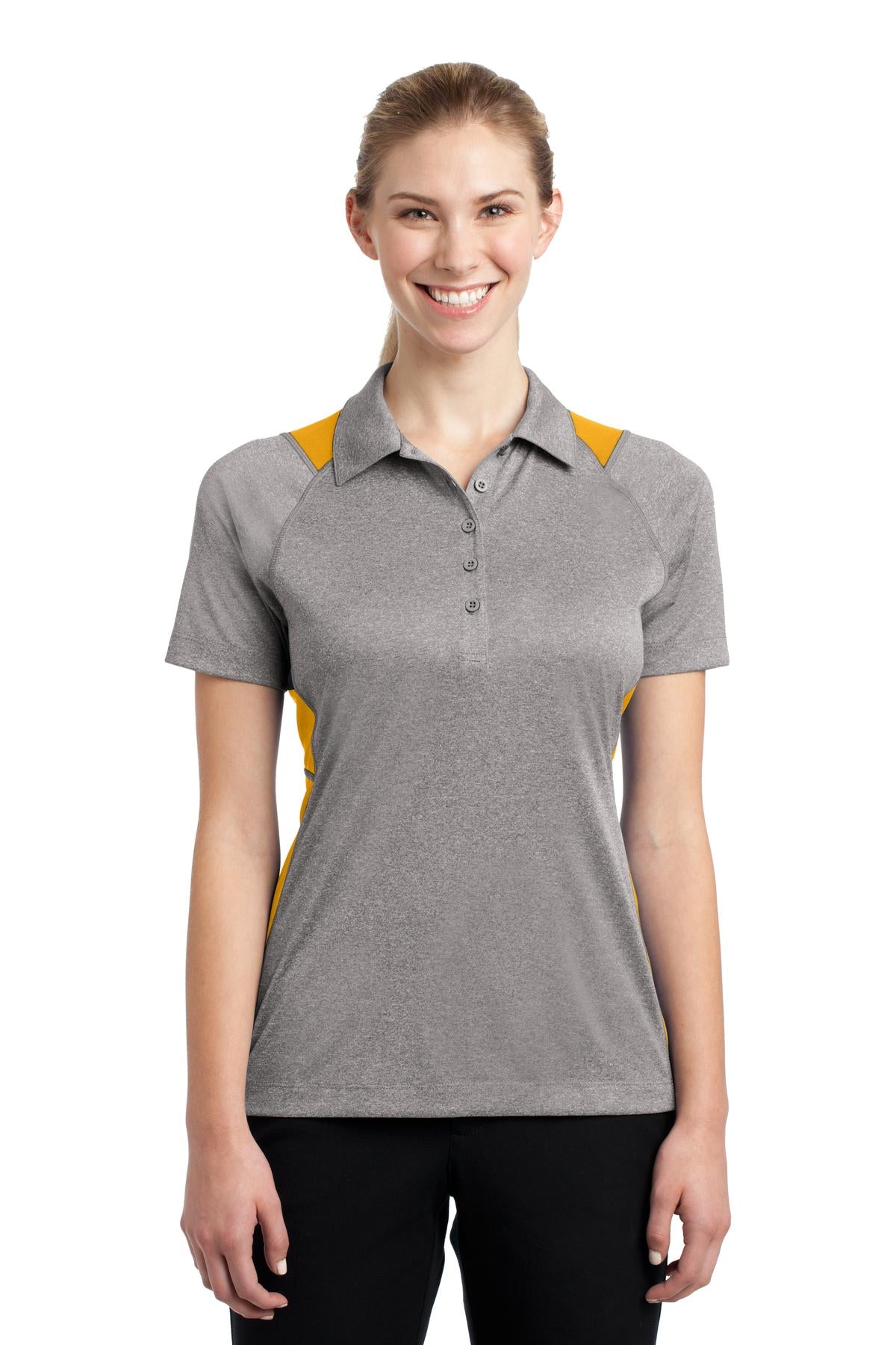 Front View of Vnt He/Gold Sport-Tek Women's Heather Colorblock Contender Polo. LST665