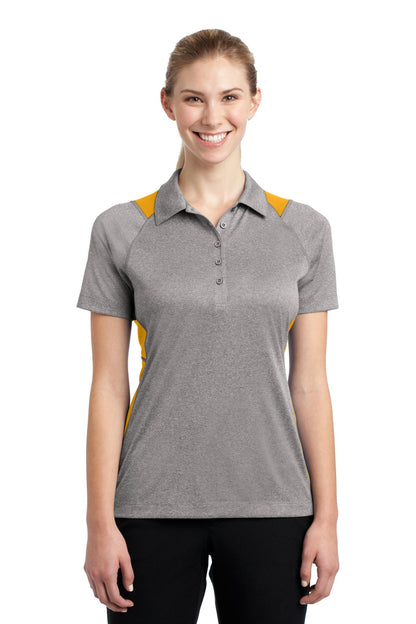 Front View of Vnt He/Gold Sport-Tek Women's Heather Colorblock Contender Polo. LST665