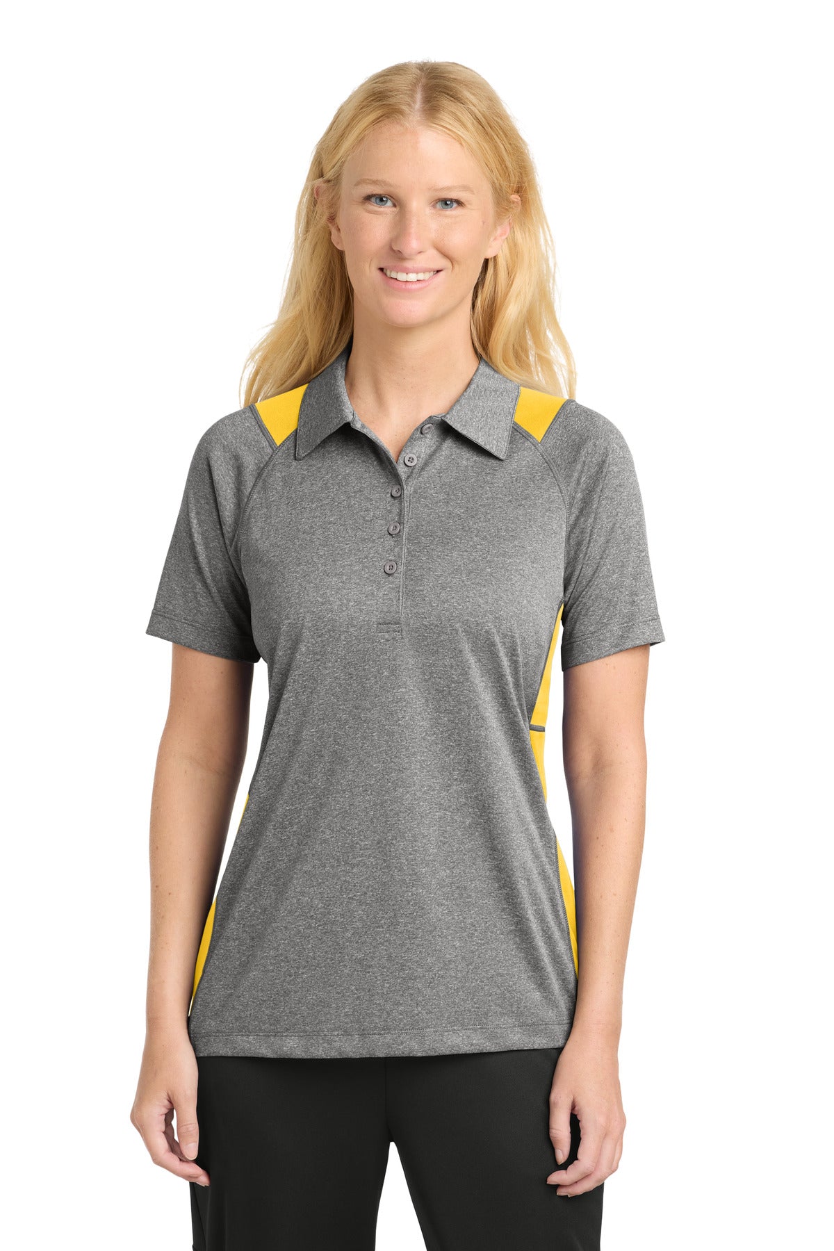 Front View of Vnt He/Gold Sport-Tek Women's Heather Colorblock Contender Polo. LST665