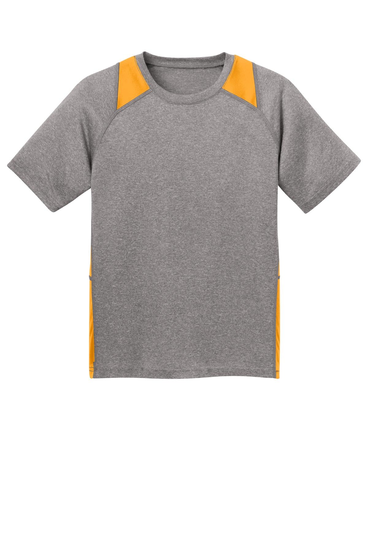 Front View of Vnt He/Gold Sport-Tek Youth Heather Colorblock Contender Tee. YST361