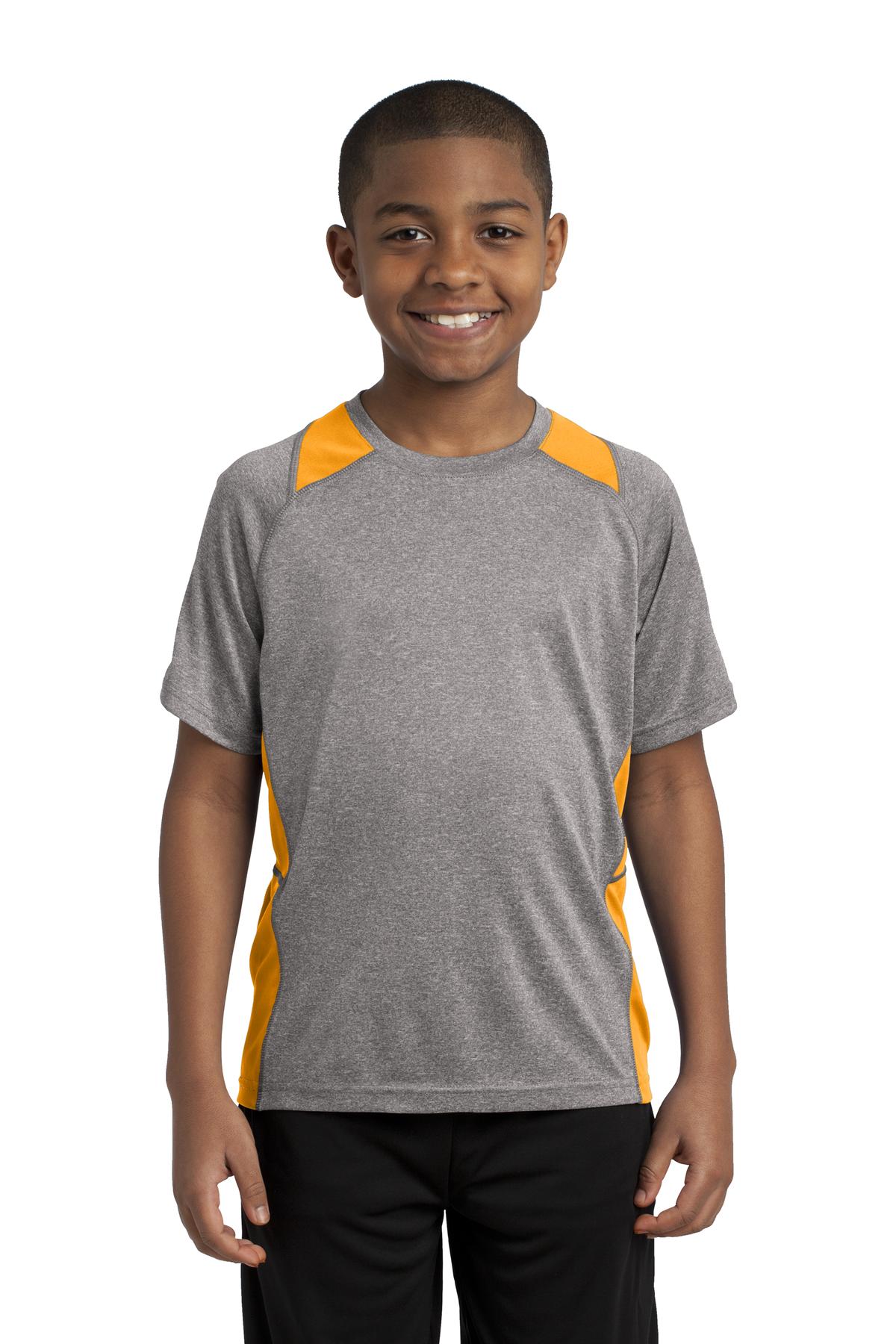 Front View of Vnt He/Gold Sport-Tek Youth Heather Colorblock Contender Tee. YST361