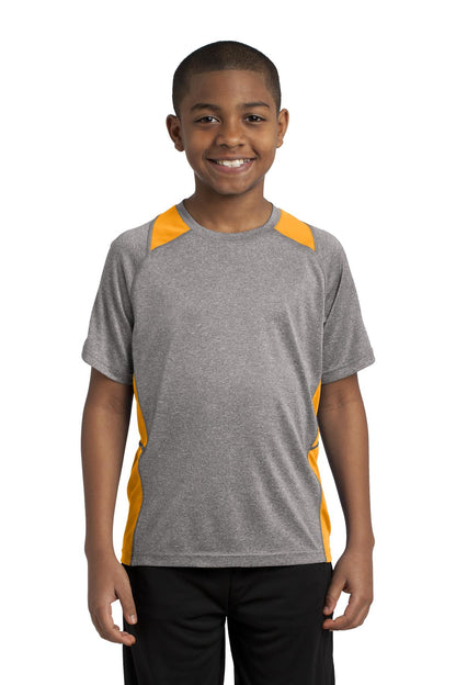Front View of Vnt He/Gold Sport-Tek Youth Heather Colorblock Contender Tee. YST361
