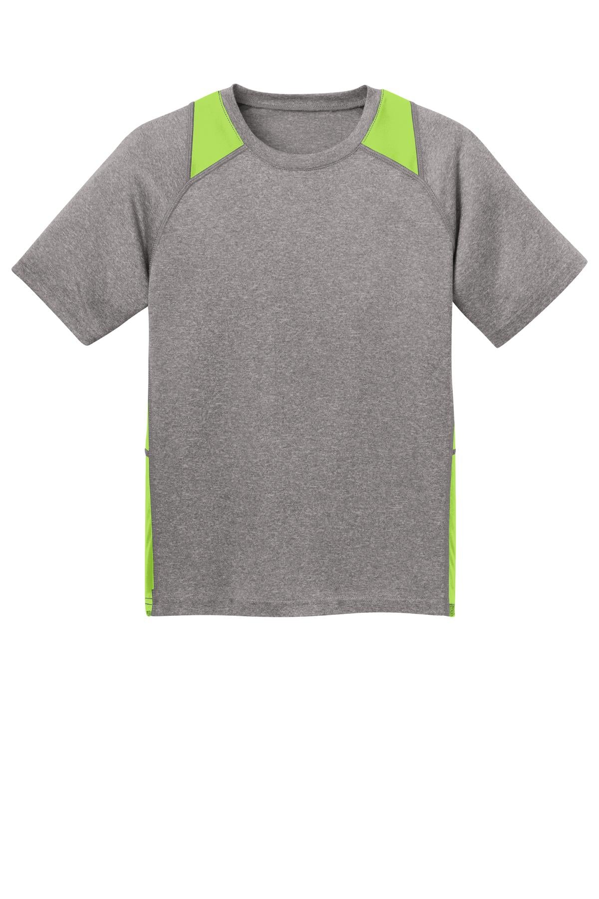 Front View of Vnt He/Lime Sh Sport-Tek Youth Heather Colorblock Contender Tee. YST361