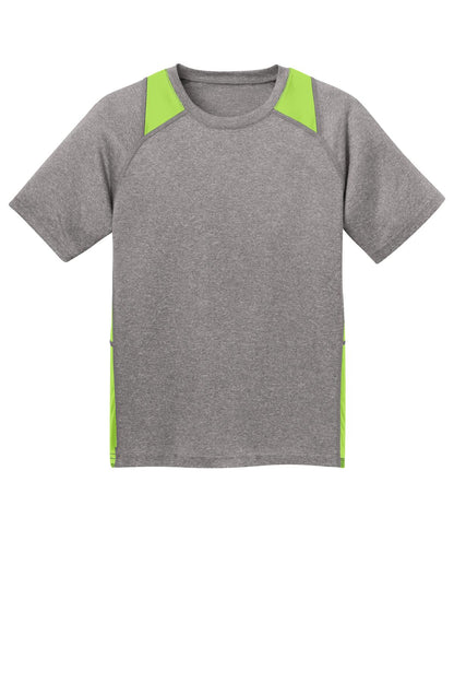 Front View of Vnt He/Lime Sh Sport-Tek Youth Heather Colorblock Contender Tee. YST361