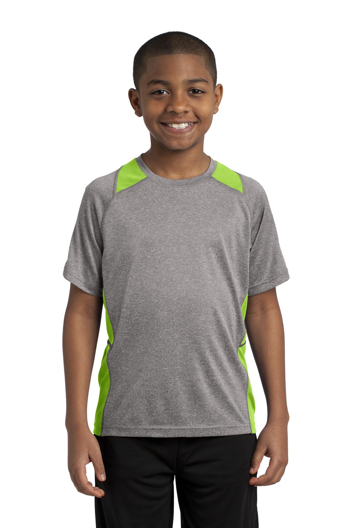 Front View of Vnt He/Lime Sh Sport-Tek Youth Heather Colorblock Contender Tee. YST361