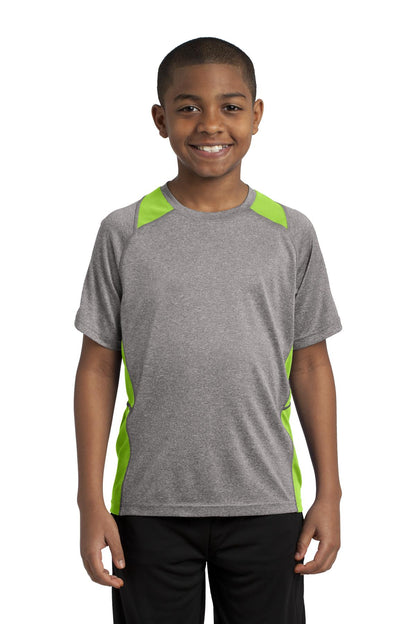 Front View of Vnt He/Lime Sh Sport-Tek Youth Heather Colorblock Contender Tee. YST361