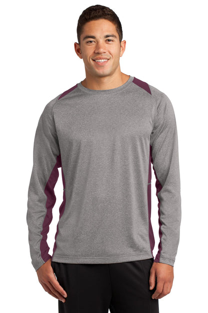 Front View of Vnt He/Maroon Sport-Tek Long Sleeve Heather Colorblock Contender Tee. ST361LS