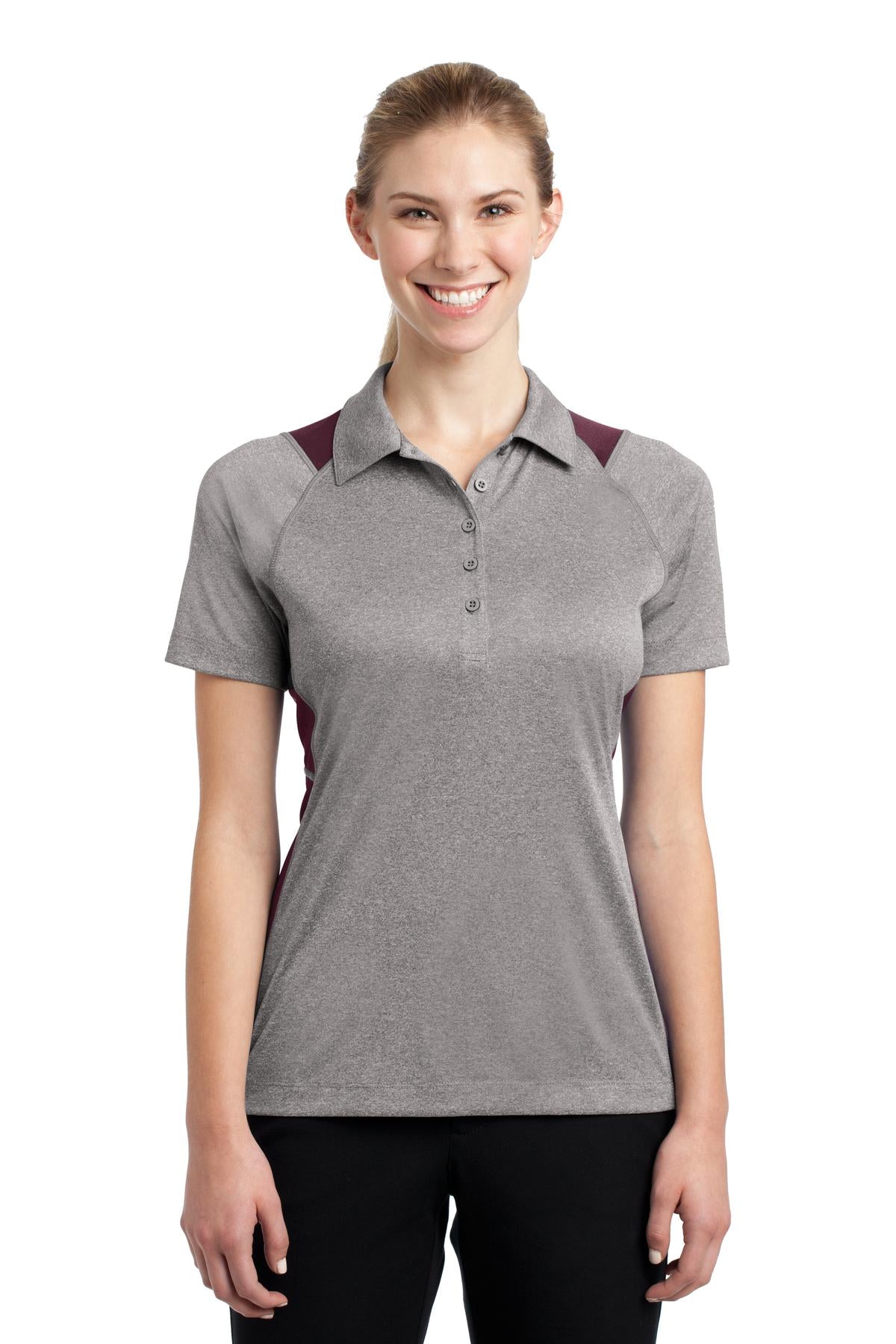Front View of Vnt He/Maroon Sport-Tek Women's Heather Colorblock Contender Polo. LST665