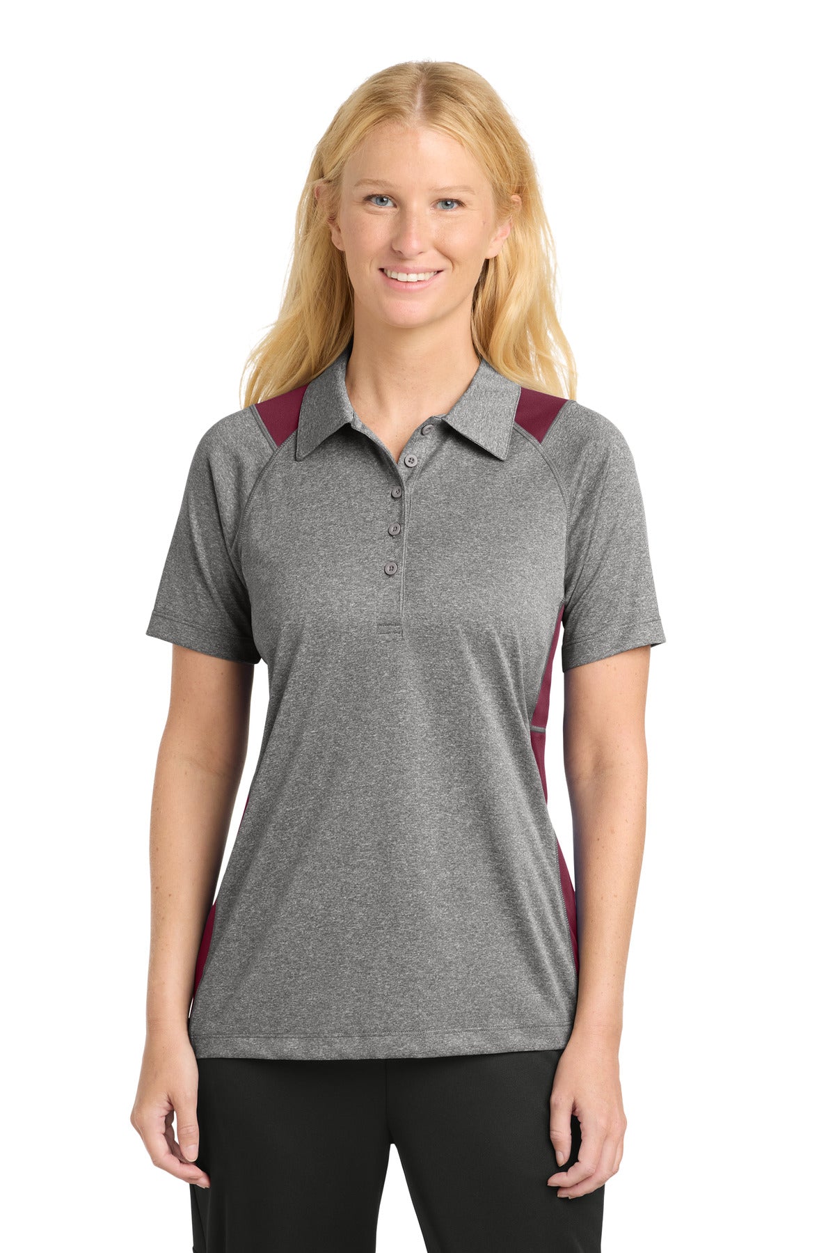 Front View of Vnt He/Maroon Sport-Tek Women's Heather Colorblock Contender Polo. LST665