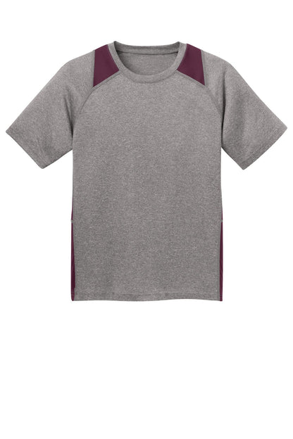 Front View of Vnt He/Maroon Sport-Tek Youth Heather Colorblock Contender Tee. YST361