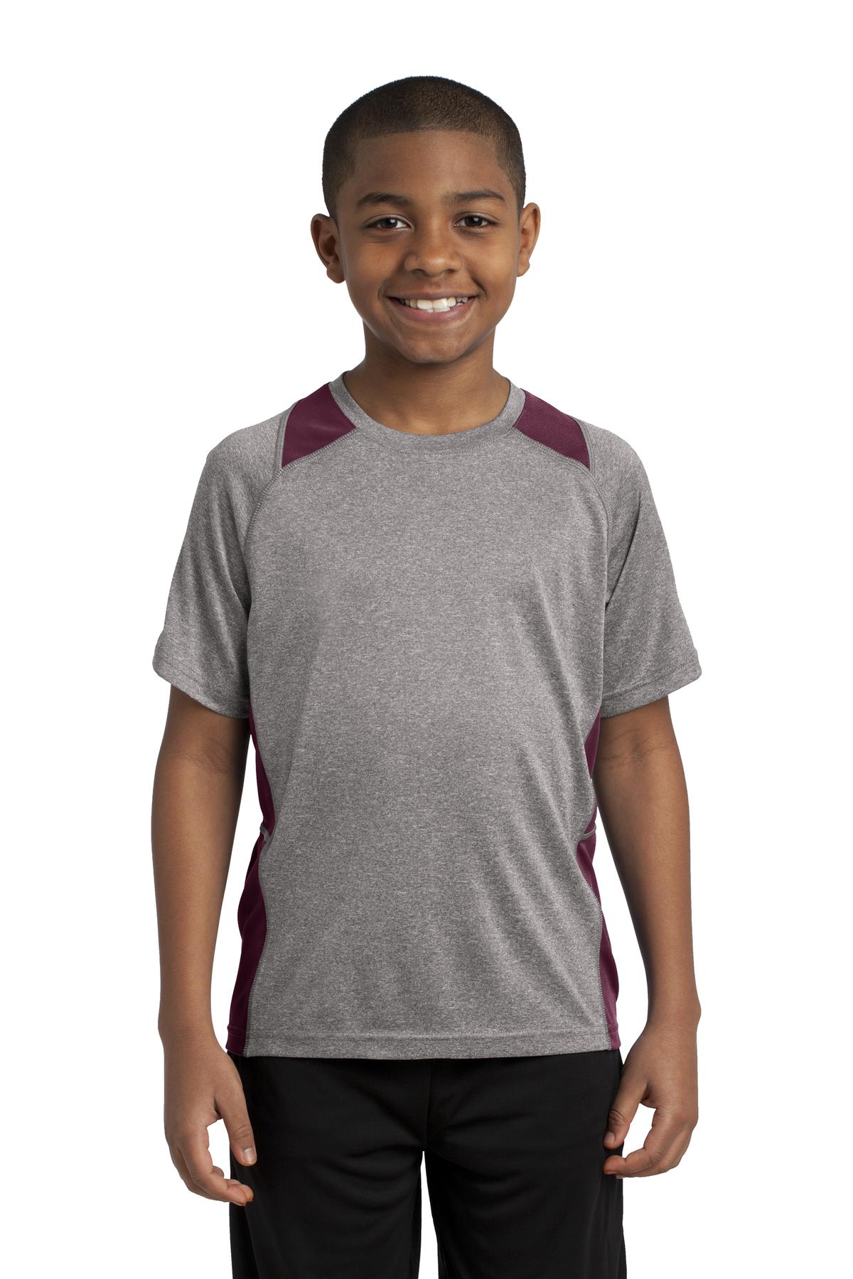 Front View of Vnt He/Maroon Sport-Tek Youth Heather Colorblock Contender Tee. YST361