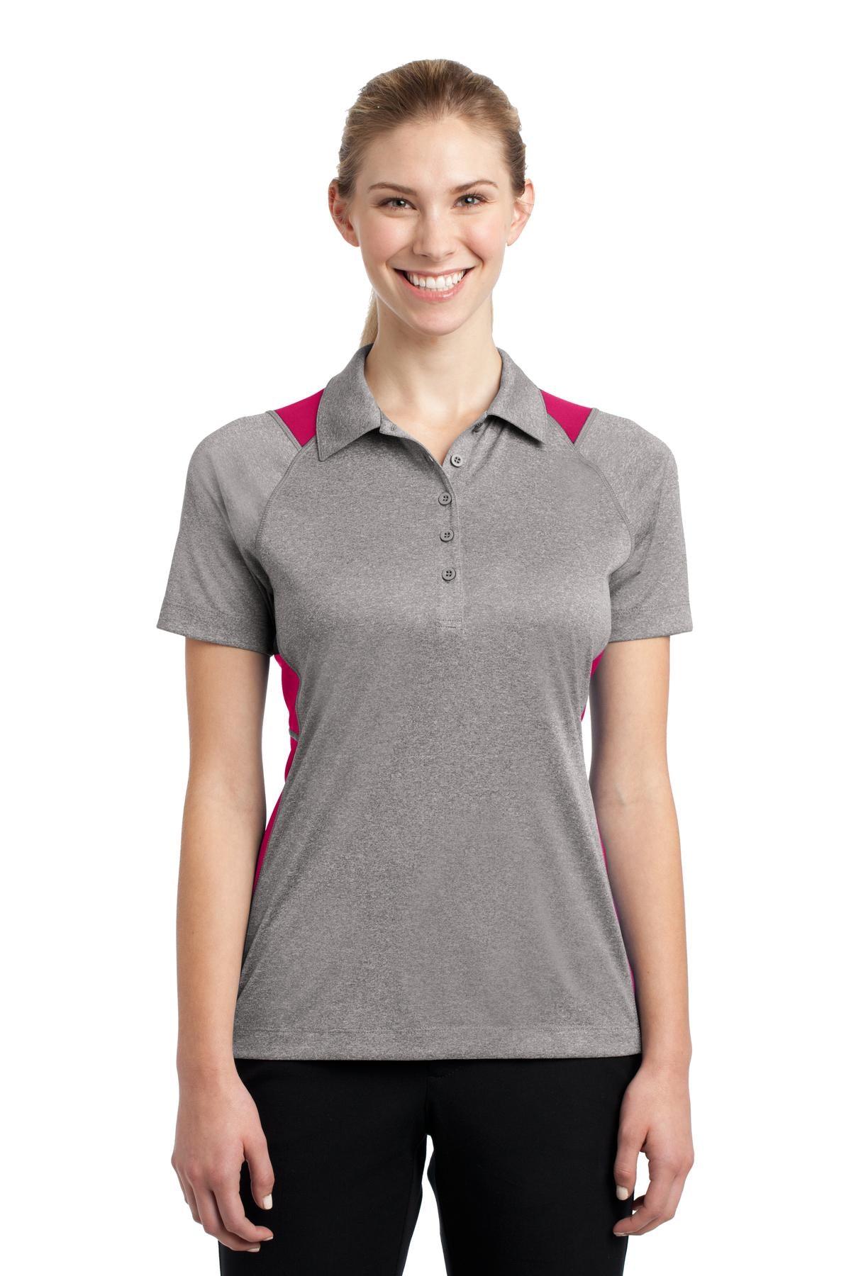 Front View of Vnt He/Pink Rs Sport-Tek Women's Heather Colorblock Contender Polo. LST665