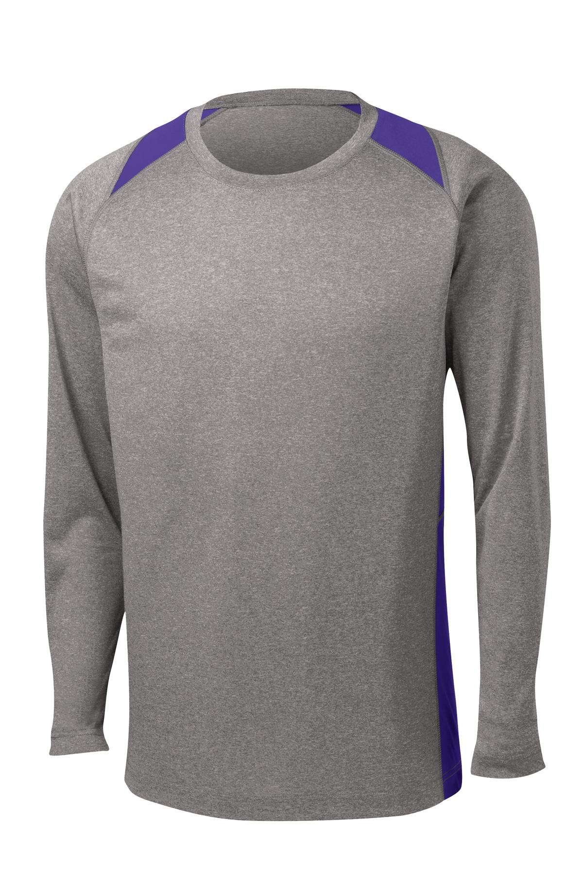 Front View of Vnt He/Purple Sport-Tek Long Sleeve Heather Colorblock Contender Tee. ST361LS