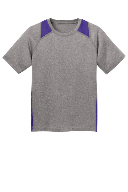 Front View of Vnt He/Purple Sport-Tek Youth Heather Colorblock Contender Tee. YST361