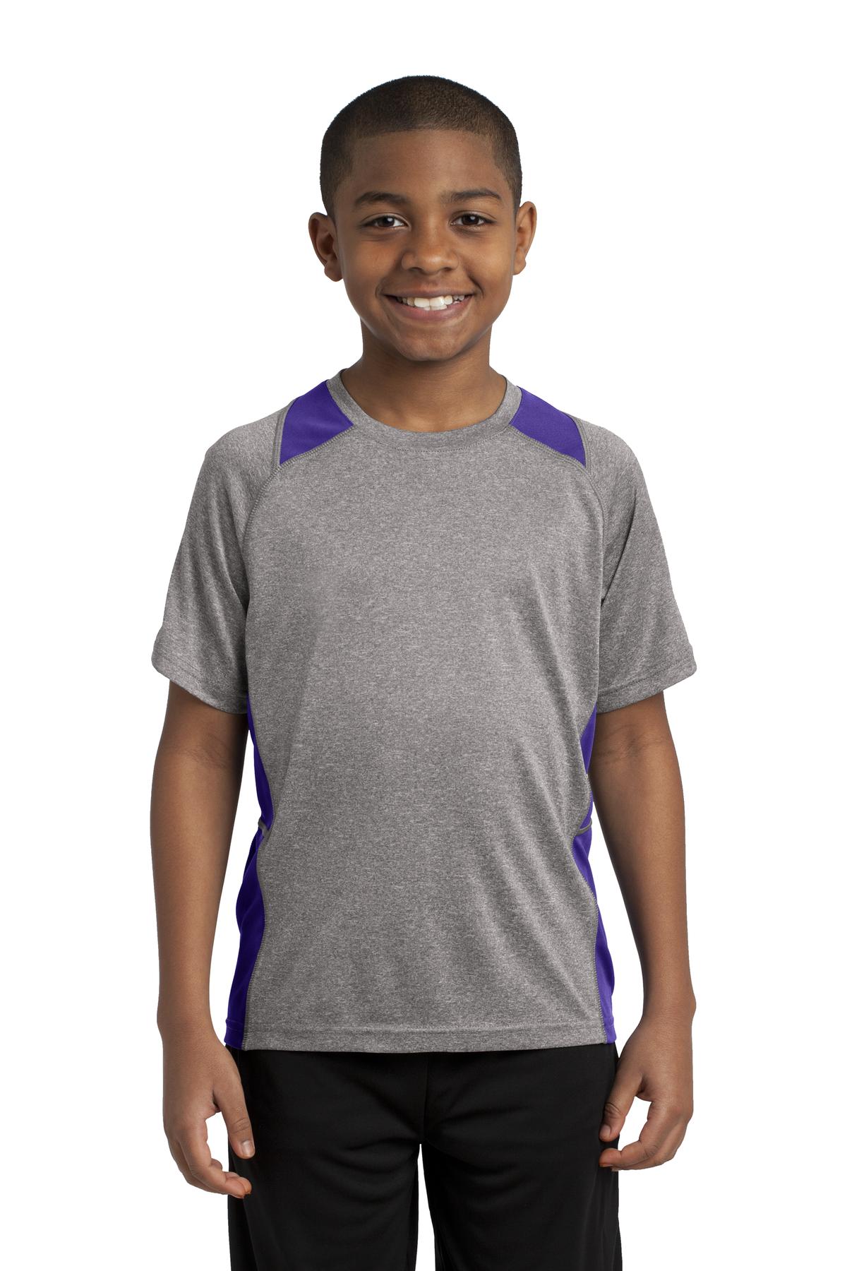 Front View of Vnt He/Purple Sport-Tek Youth Heather Colorblock Contender Tee. YST361