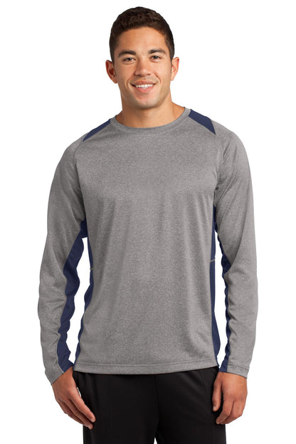 Front View of Vnt He/Tr Navy Sport-Tek Long Sleeve Heather Colorblock Contender Tee. ST361LS