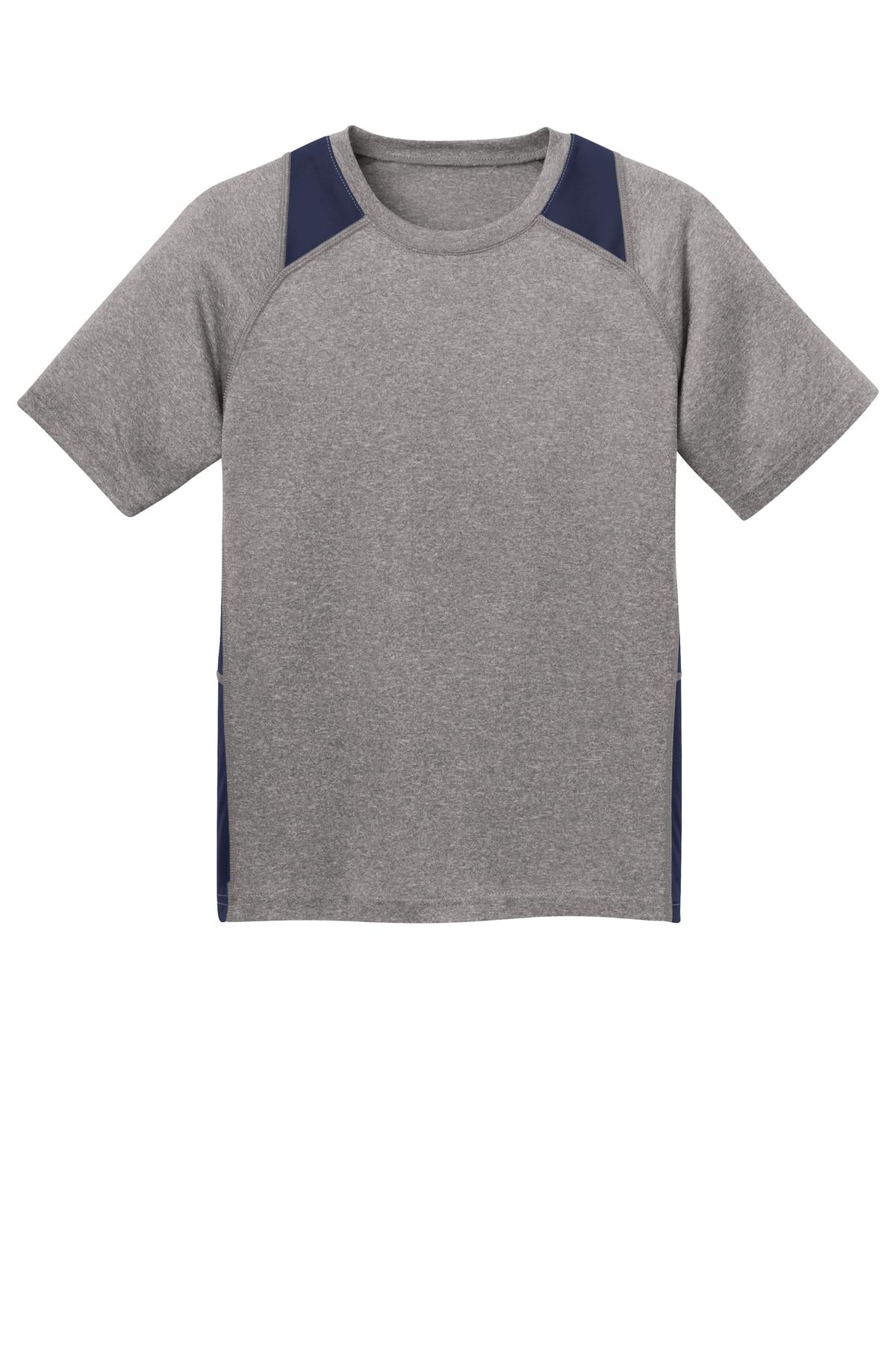 Front View of Vnt He/Tr Navy Sport-Tek Youth Heather Colorblock Contender Tee. YST361