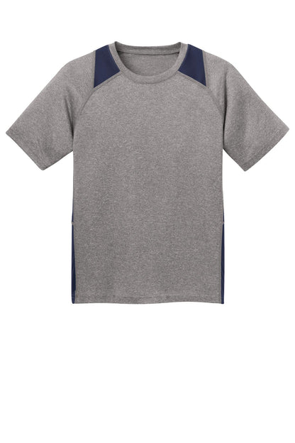 Front View of Vnt He/Tr Navy Sport-Tek Youth Heather Colorblock Contender Tee. YST361