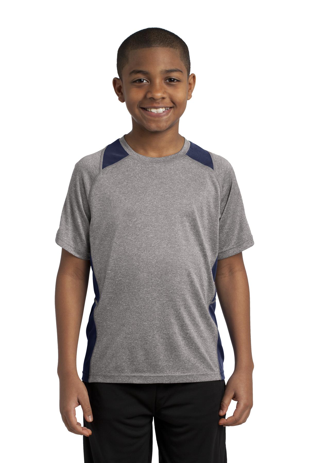 Front View of Vnt He/Tr Navy Sport-Tek Youth Heather Colorblock Contender Tee. YST361