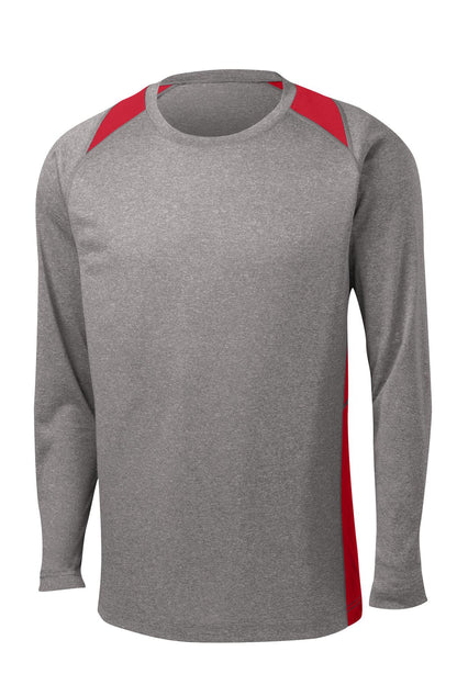 Front View of Vnt He/Tr Red Sport-Tek Long Sleeve Heather Colorblock Contender Tee. ST361LS